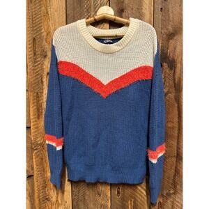 Freshman 1986 Chevron Colorblock Sweater‎ L Blue Red White Retro Knit Cozy Y2K